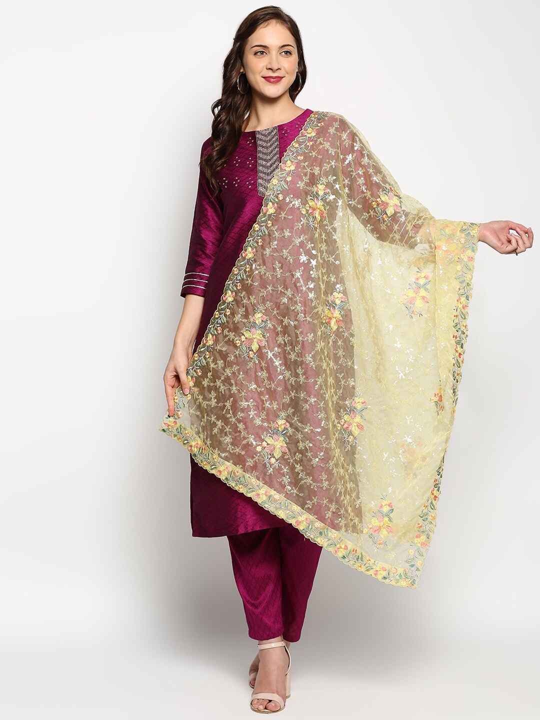 

Dupatta Bazaar Yellow & Grey Floral Embroidered Organza Dupatta
