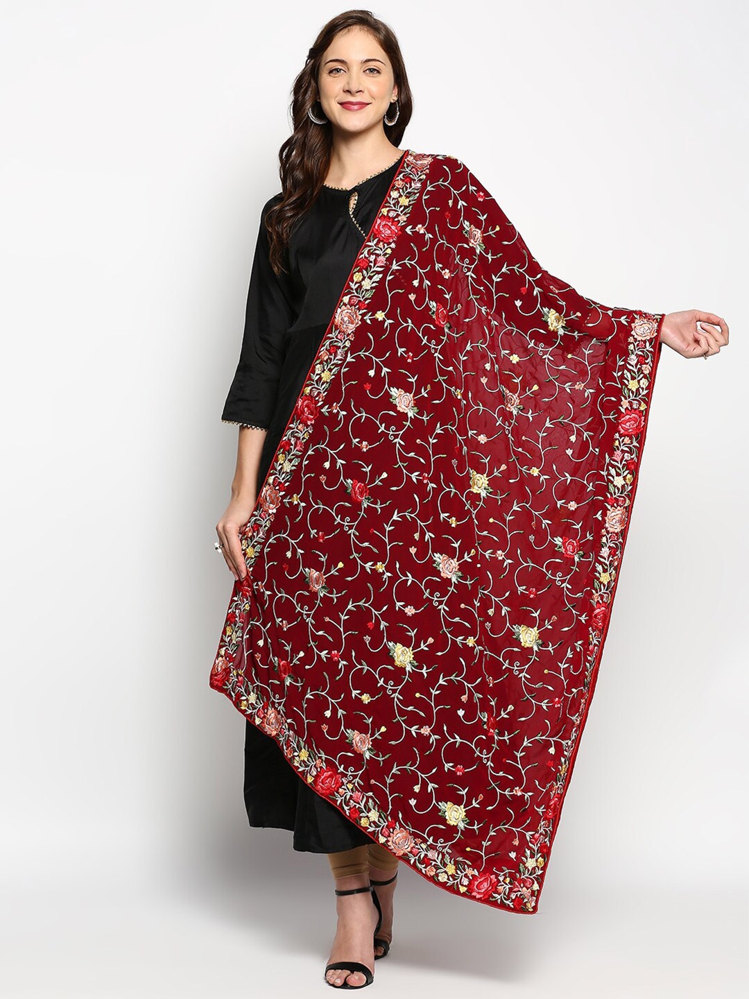 

Dupatta Bazaar Maroon & Green Floral Embroidered Dupatta