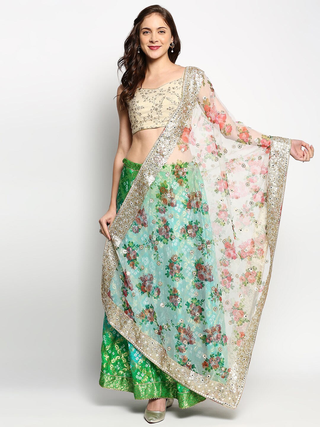 

Dupatta Bazaar White & Red Ethnic Motifs Embroidered Organza Dupatta with Sequinned