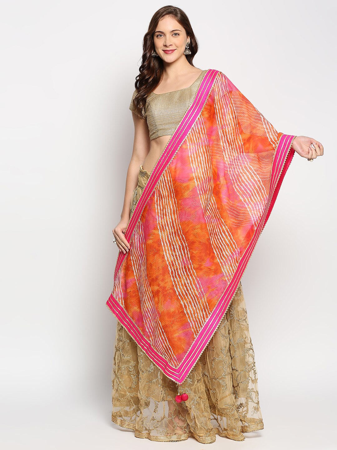 

Dupatta Bazaar Pink & Orange Printed Leheriya Dupatta