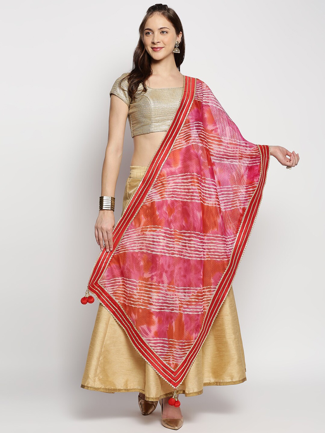 

Dupatta Bazaar Red & Pink Printed Leheriya Dupatta