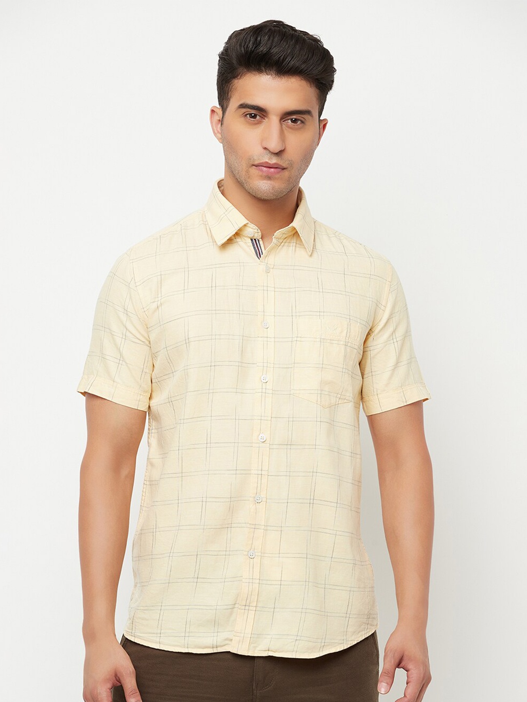 

Crimsoune Club Men Yellow Slim Fit Windowpane Checks Checked Casual Shirt