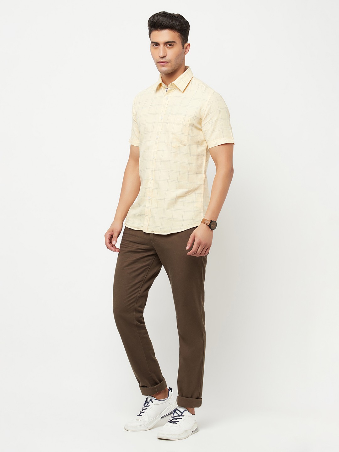

Crimsoune Club Men Yellow Slim Fit Windowpane Checks Checked Casual Shirt