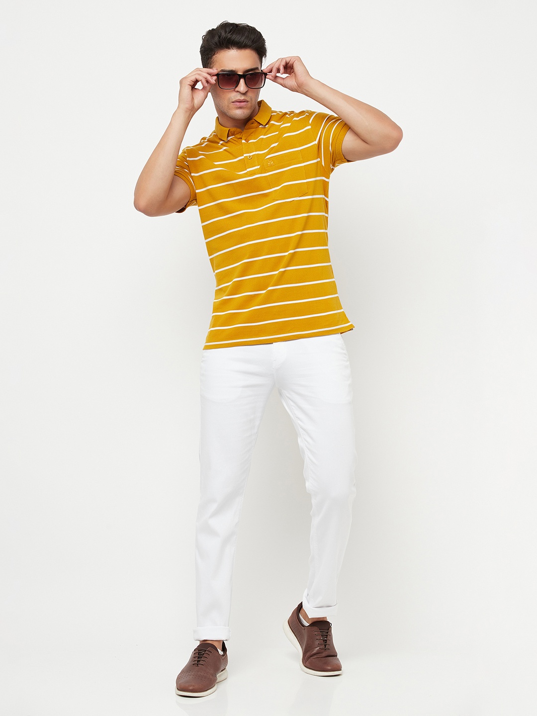 

Crimsoune Club Men Mustard Yellow Striped Polo Collar Slim Fit T-shirt