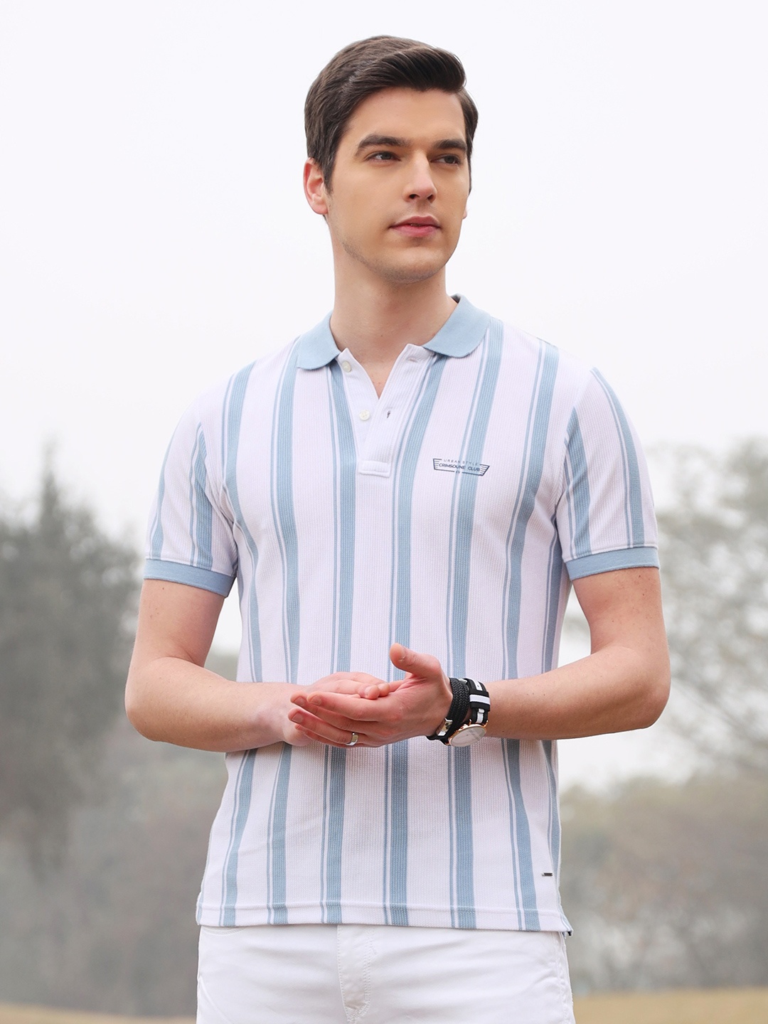 

Crimsoune Club Men White Striped Polo Collar Slim Fit T-shirt