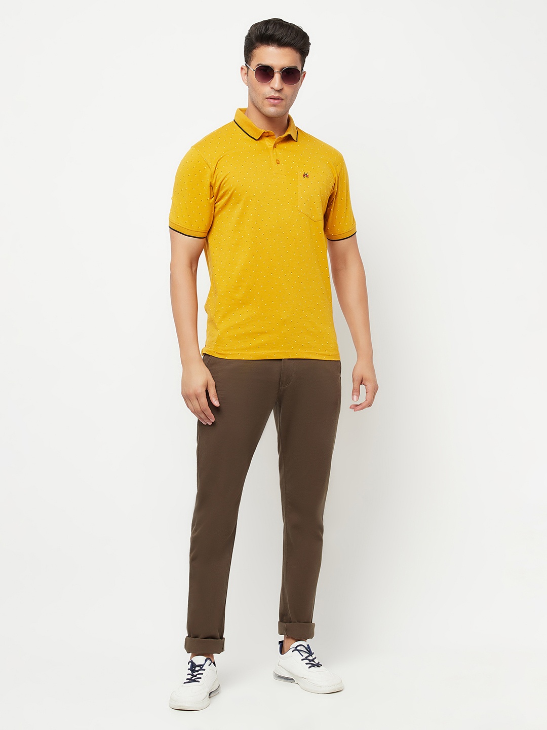 

Crimsoune Club Men Mustard Yellow Printed Polo Collar Slim Fit T-shirt