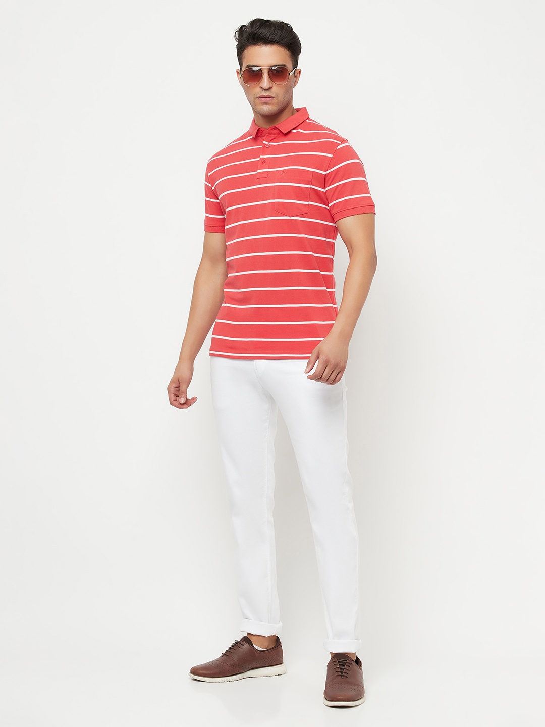 

Crimsoune Club Men Red & White Striped Polo Collar Slim Fit T-shirt