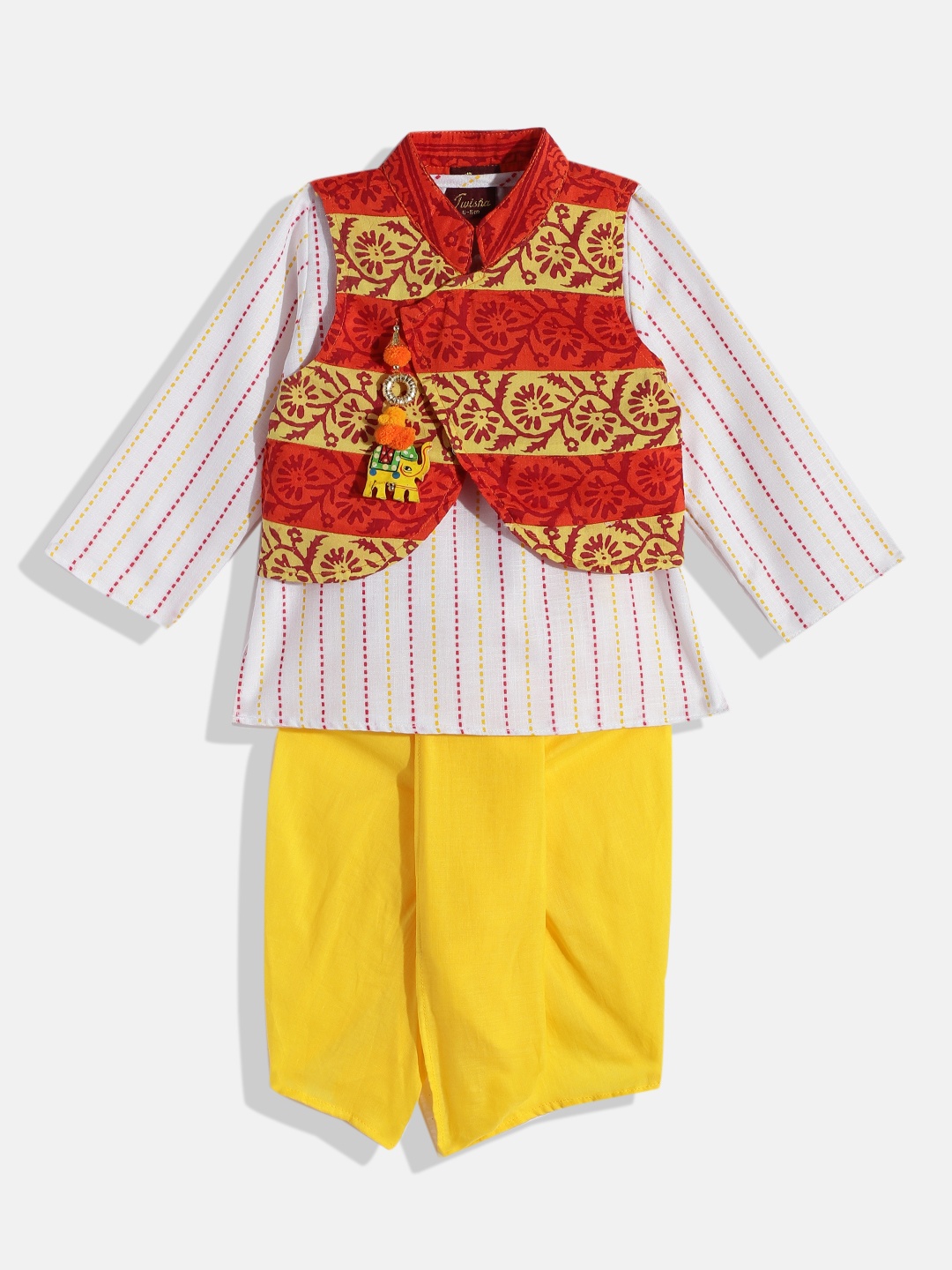 

Twisha Boys White & Yellow Printed Dhoti Pants with Jacket
