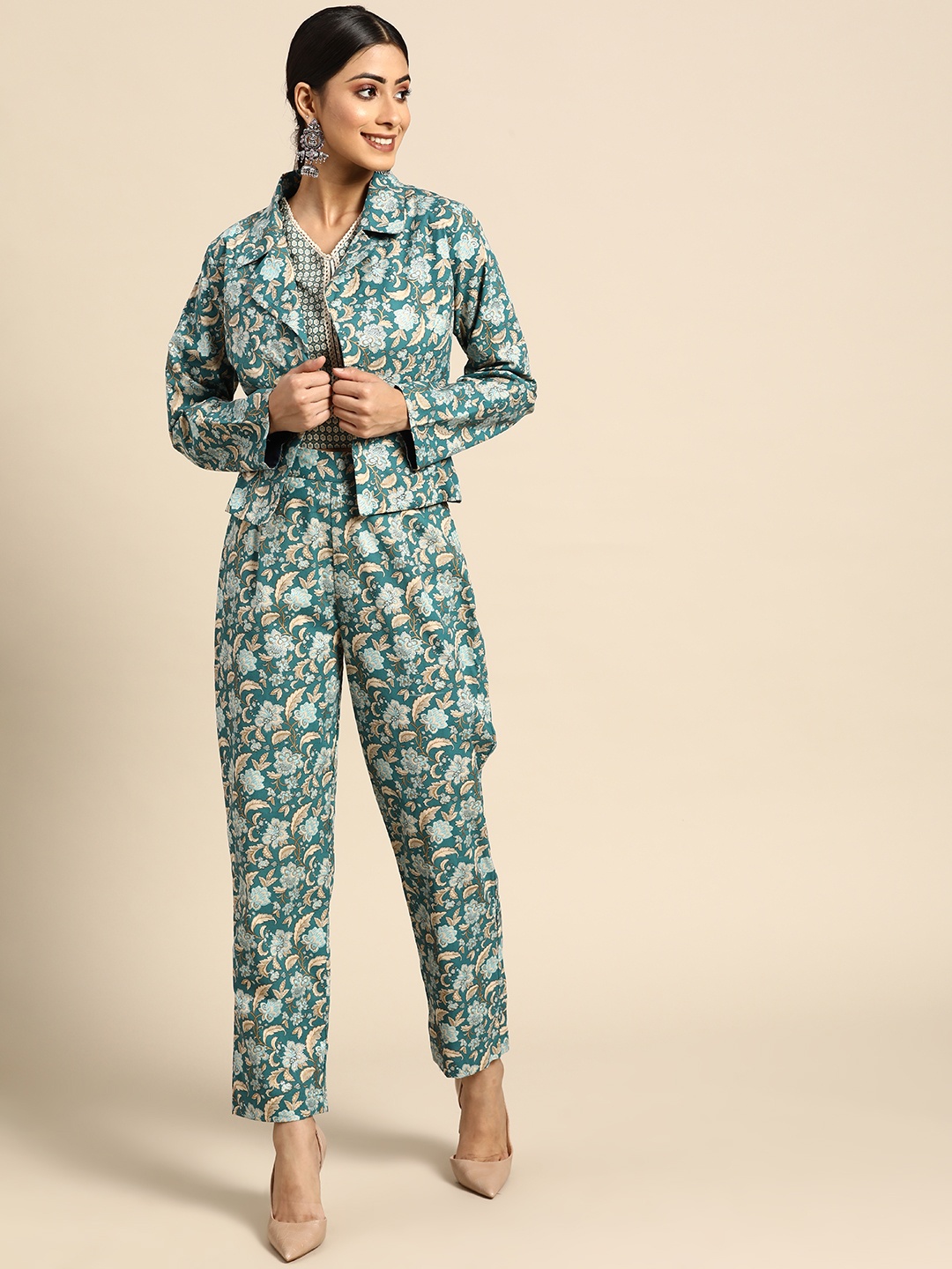 

Sangria Women Teal Blue & Beige Printed Pure Cotton Co-Ord Set