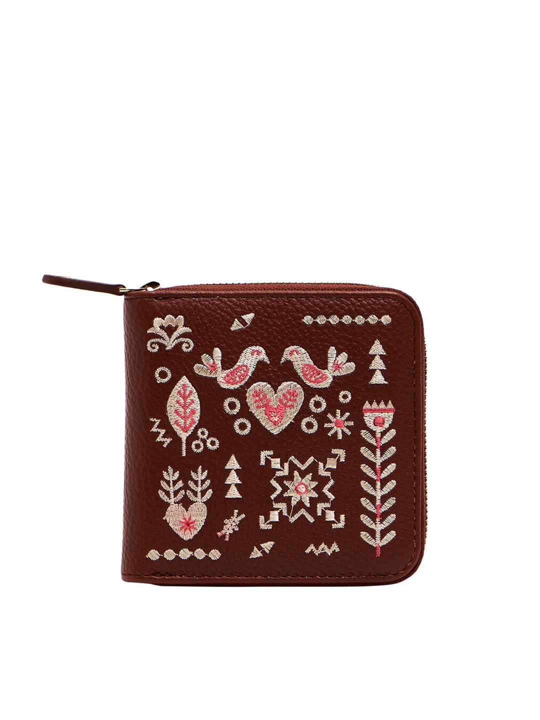 

Chumbak Women Brown & Pink Ethnic Motifs Printed Embroidered PU Zip Around Wallet