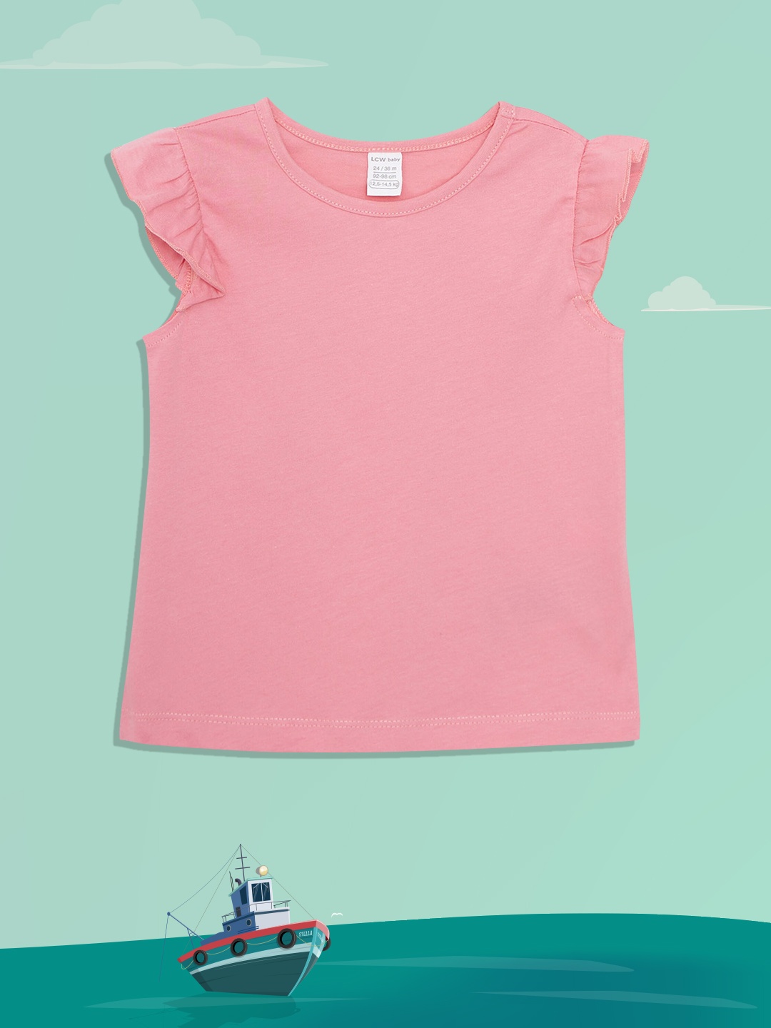 

LC Waikiki Girls Pink Solid Pure Cotton Cap Ruffled Sleeves T-shirt