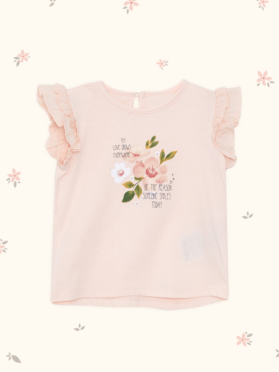 

LC Waikiki Peach-Coloured & White Pure Cotton Floral Print Flutter Sleeves Top