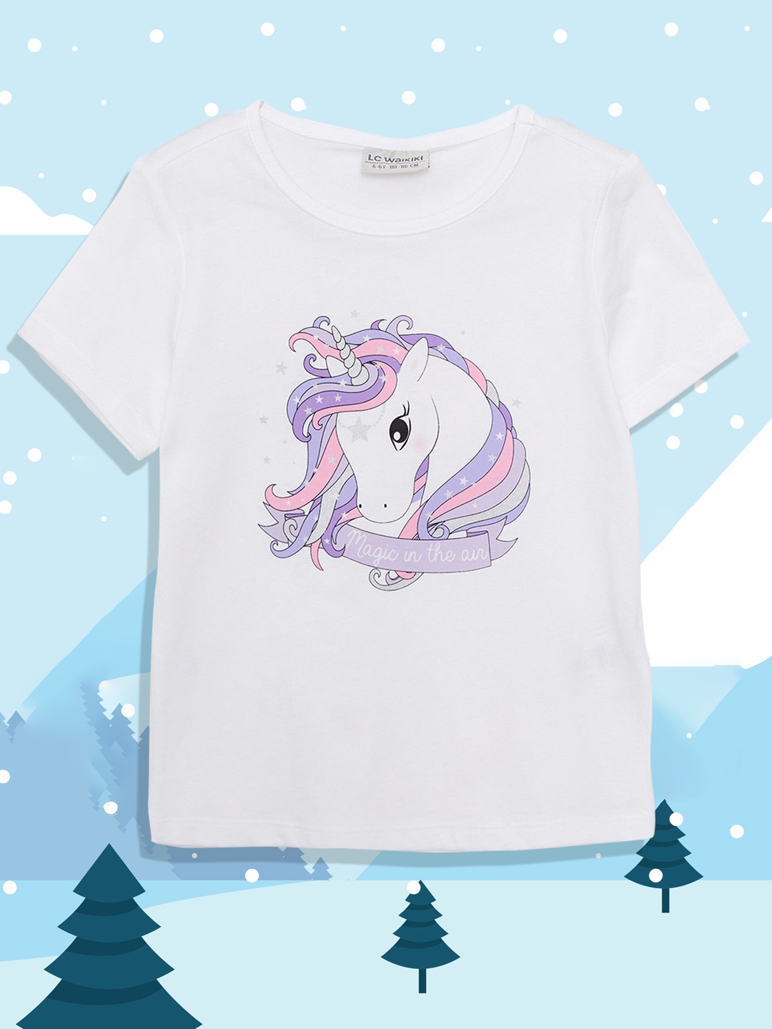 

LC Waikiki Girls White & Purple Pure Cotton Unicorn Print T-shirt