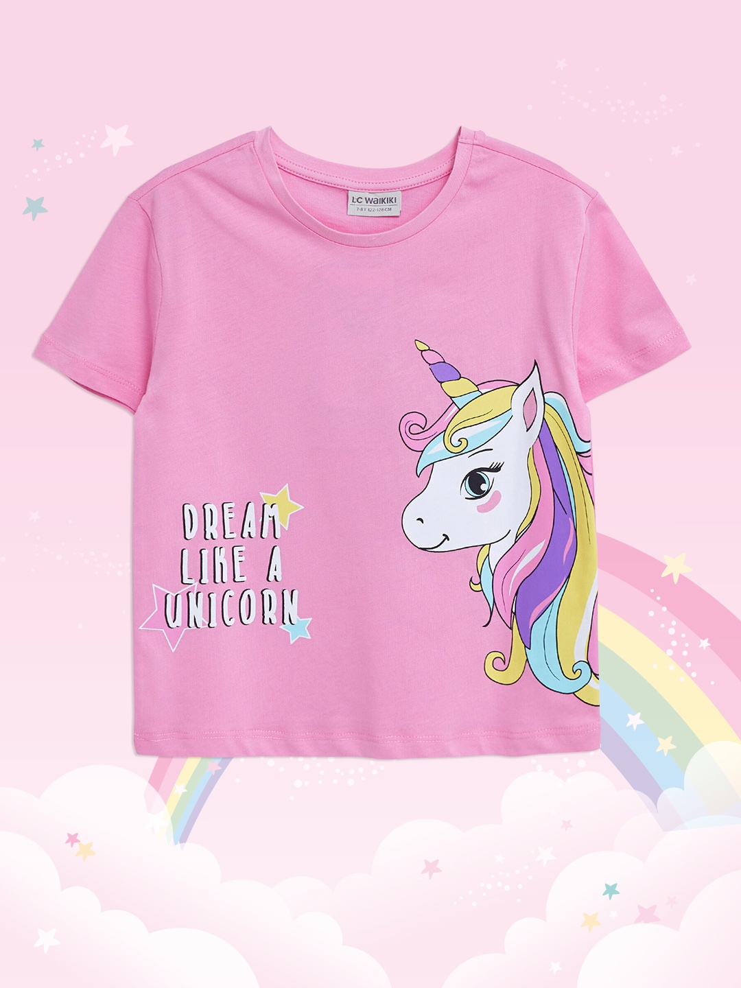 

LC Waikiki Girls Pink & White Pure Cotton Unicorn Printed T-shirt