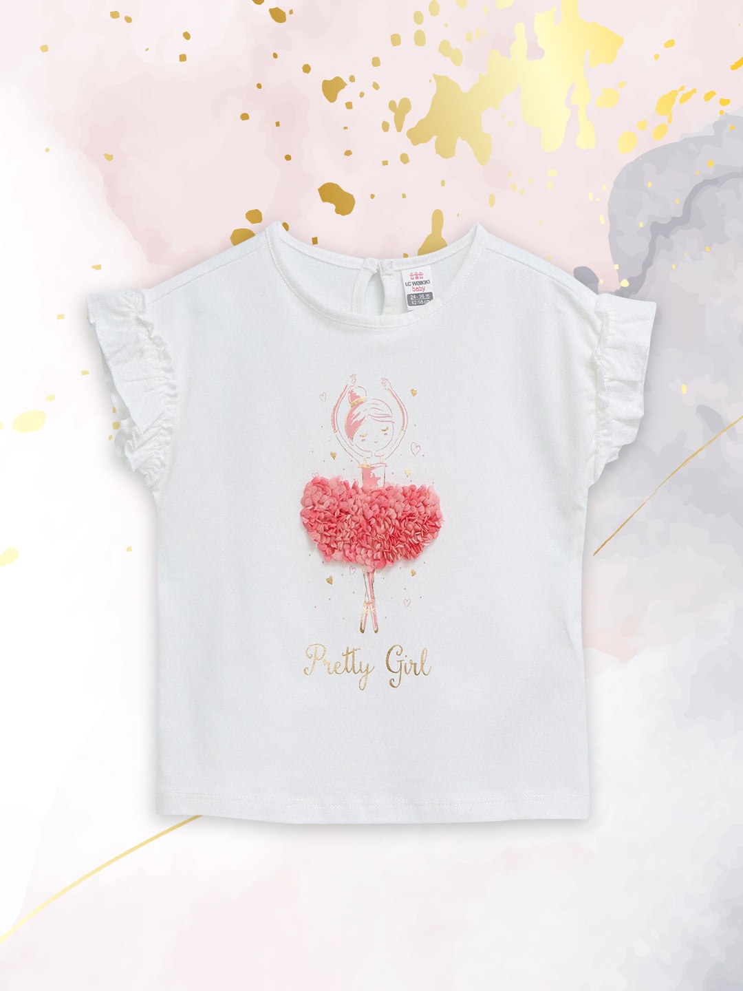 

LC Waikiki Girls White & Pink Printed Pure Cotton Applique Top