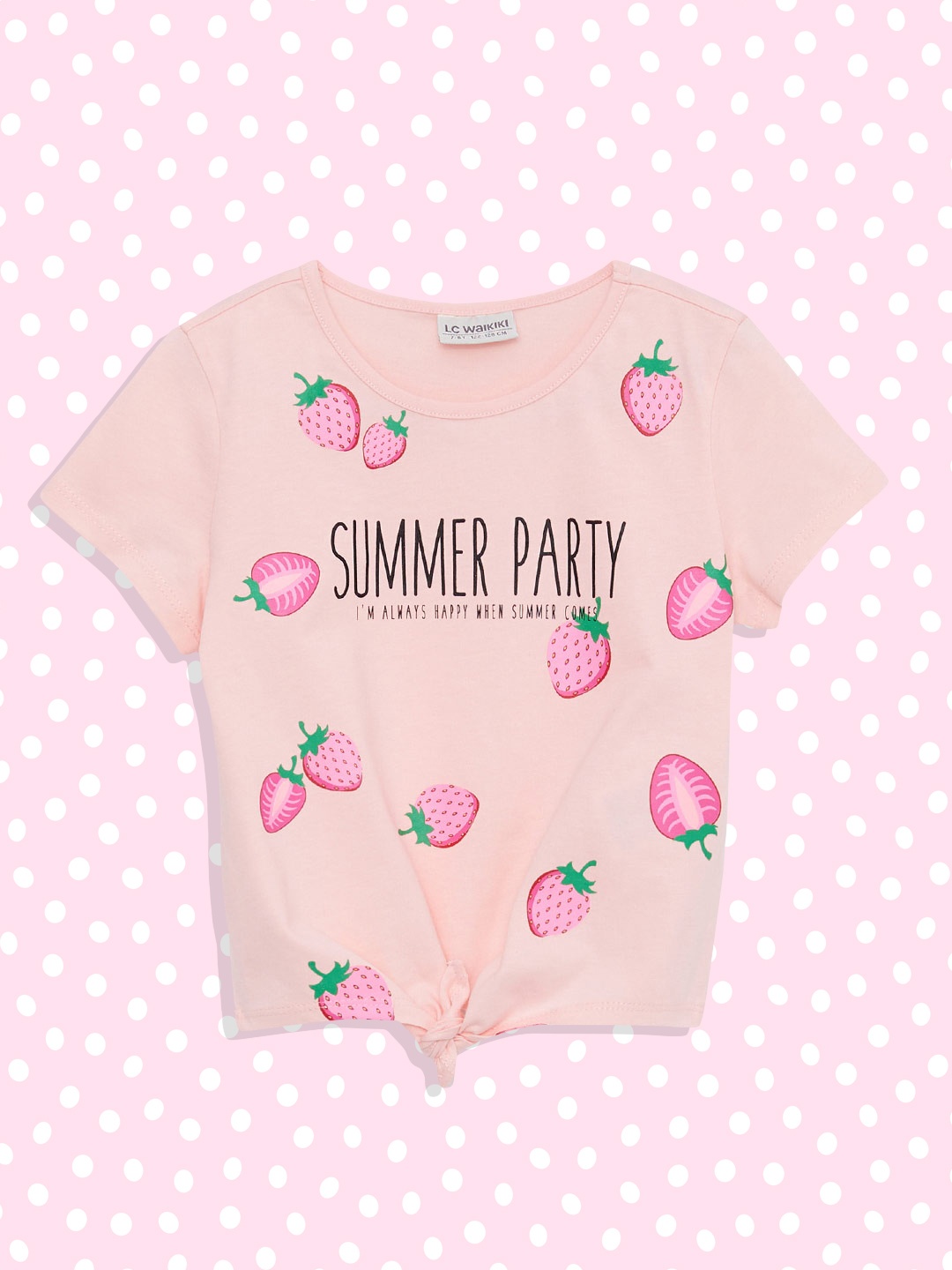 

LC Waikiki Girls Peach-Coloured & Green Strawberry Print Tie-Ups Pure Cotton Top
