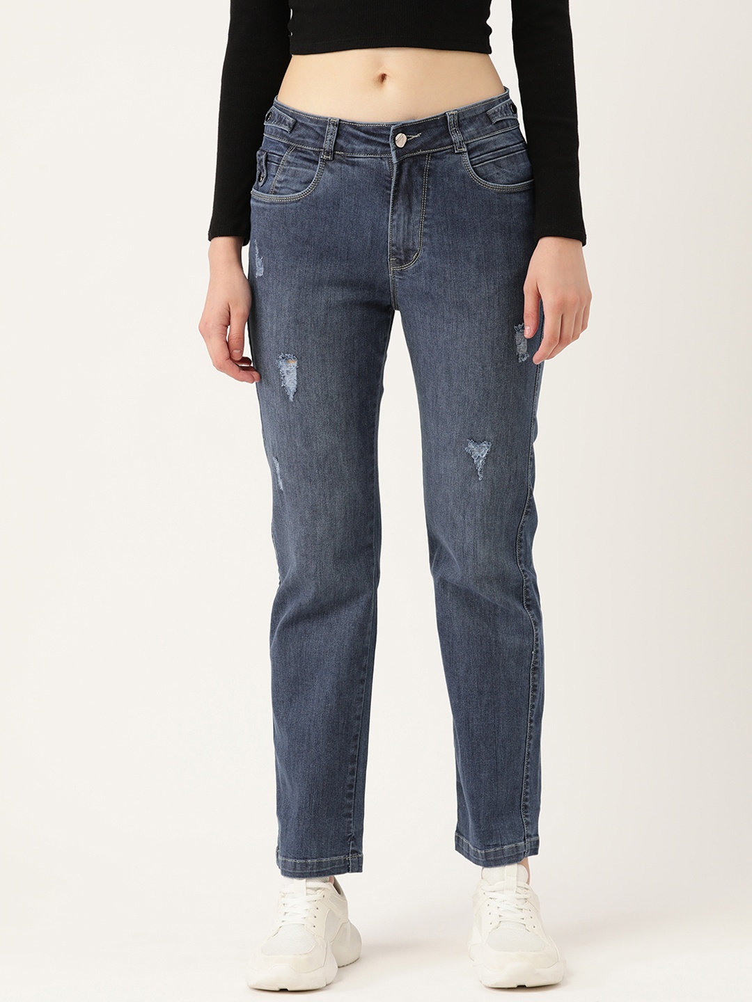 

BROOWL Women Navy Blue Pure Cotton London Flared Mildly Distressed Light Fade Jeans