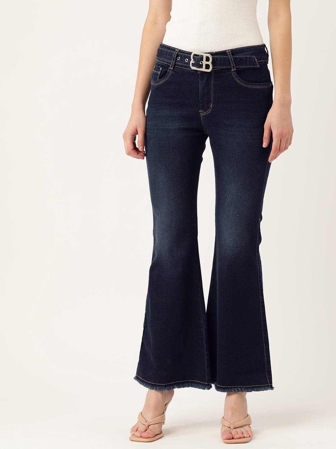 

BROOWL Women Navy Blue Pure Cotton Bootilicious Bootcut Light Fade Jeans