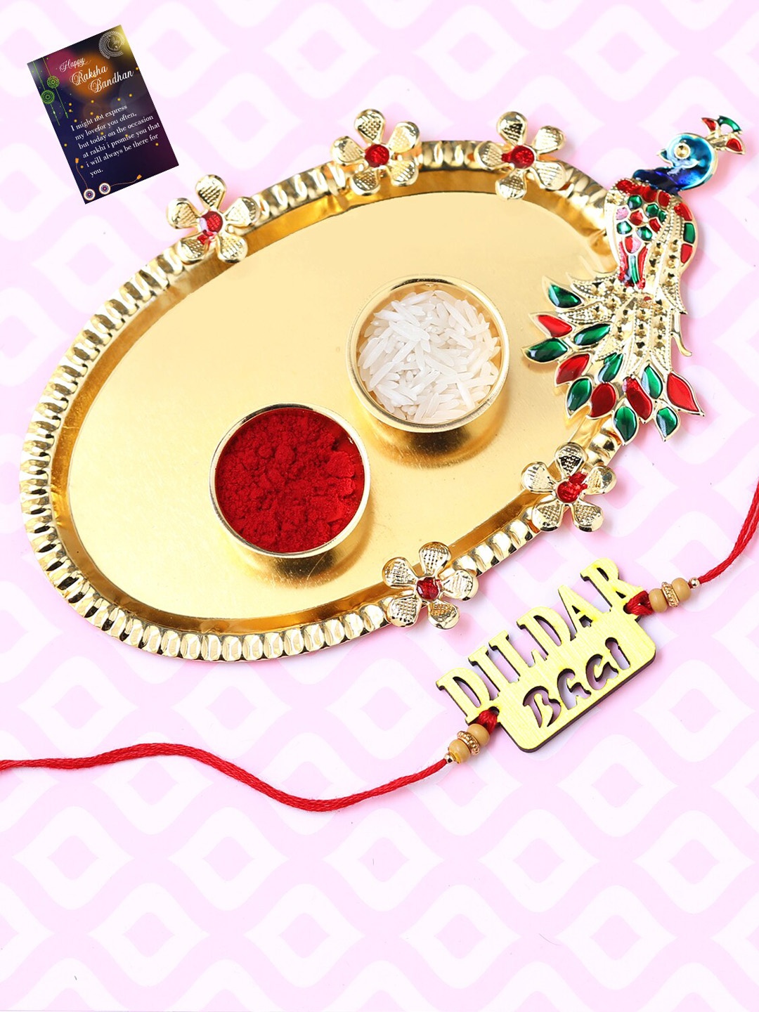 

Silver Shine 1 Rakhi With Pooja Thali Roli Chawal Greeting card, Gold