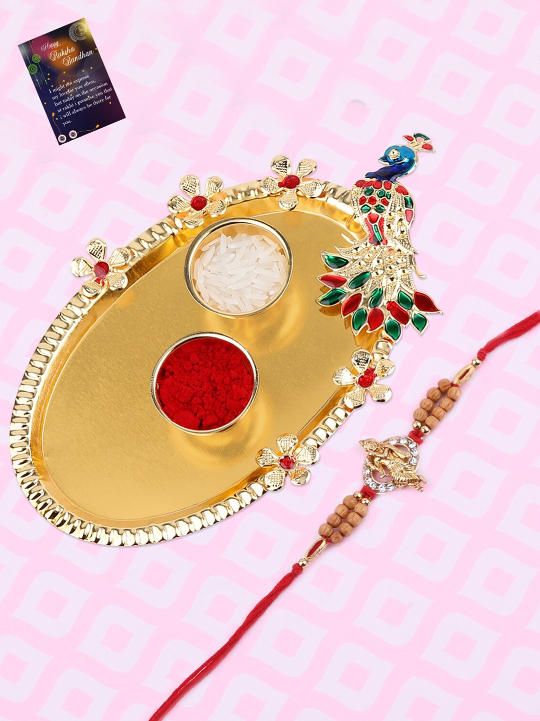 

Silver Shine 1 Rakhi with Pooja Thali Roli Chawal Greeting Card, Multi