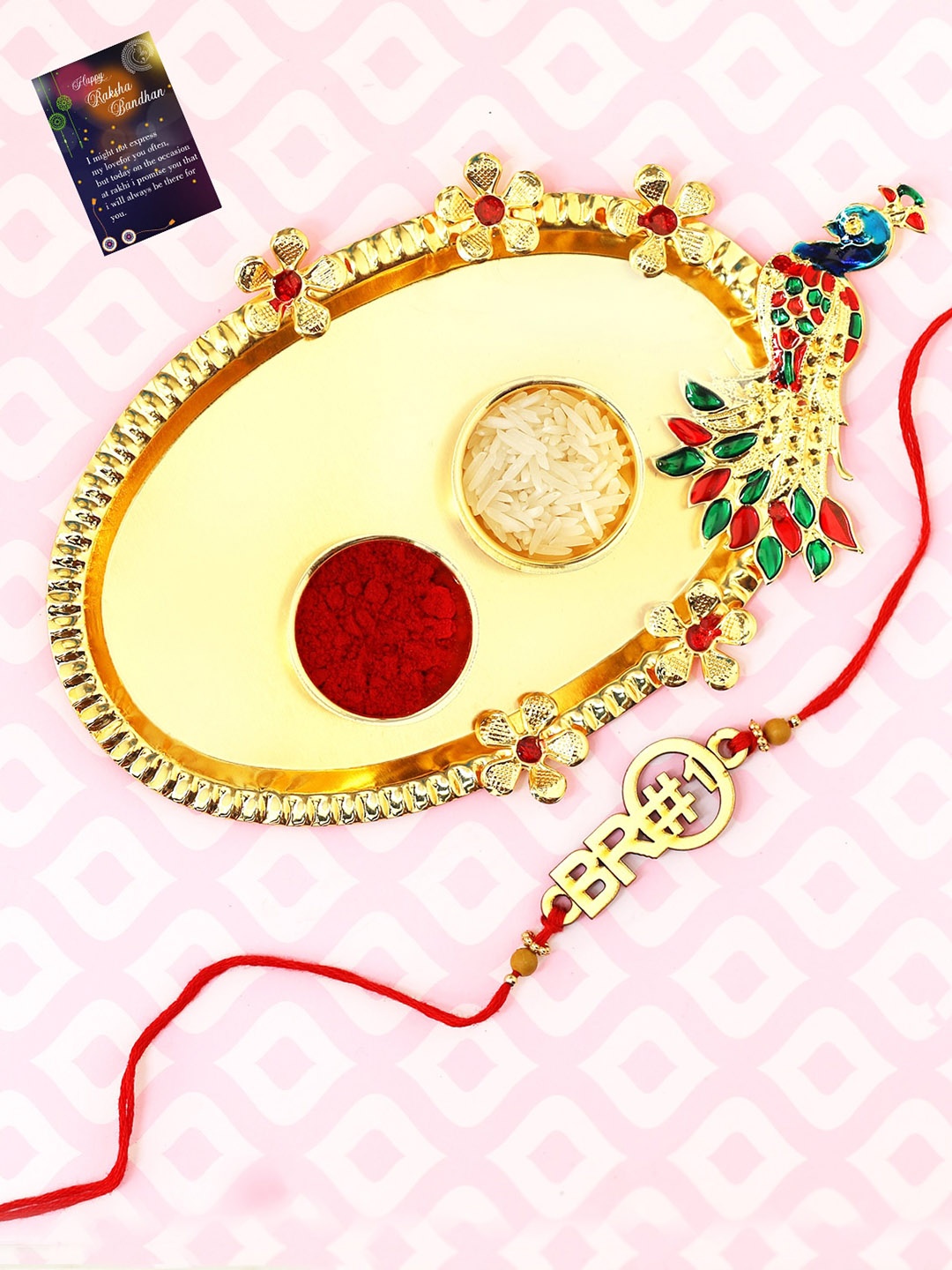 

Silver Shine 1 Rakhi with Pooja Thali Roli Chawal Greeting Card, Multi