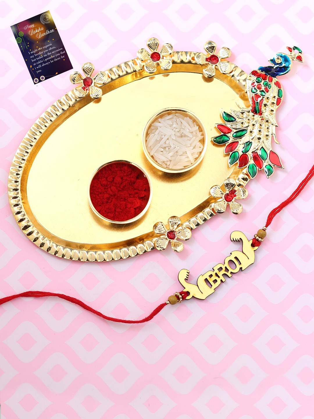 

Silver Shine 1 Rakhi With Pooja Thali Roli Chawal and Greeting card, Multi