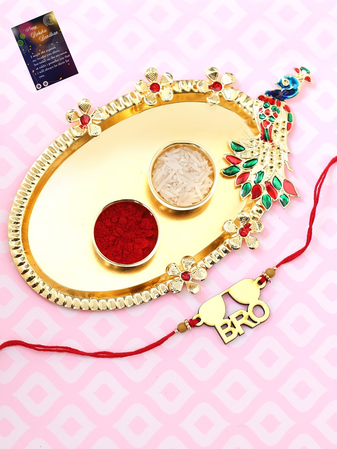 

Silver Shine Golden-Stoned & Red Rakhi With Pooja Thali Roli Chawal Greeting card