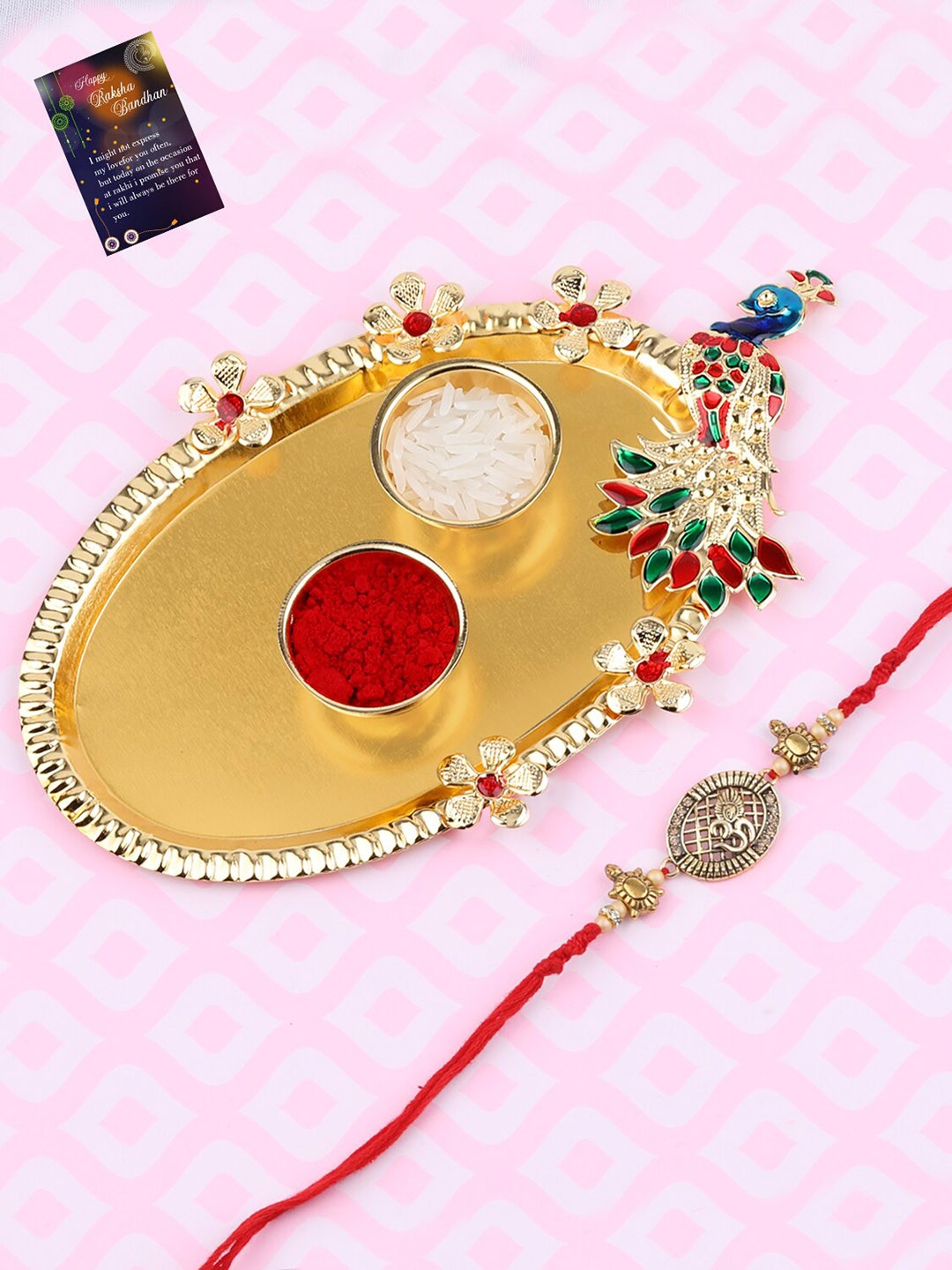 

Silver Shine 1 Rakhi With Pooja Thali Roli Chawal Greeting card, Red