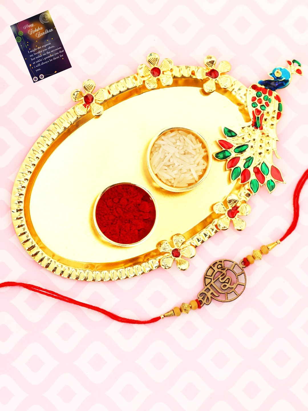 

Silver Shine Golden-Stoned & Red Rakhi With Pooja Thali Roli Chawal Greeting card, Gold