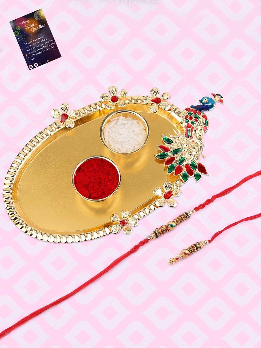 

Silver Shine 1 Rakhi with Pooja Thali Roli Chawal Greeting Card, Multi