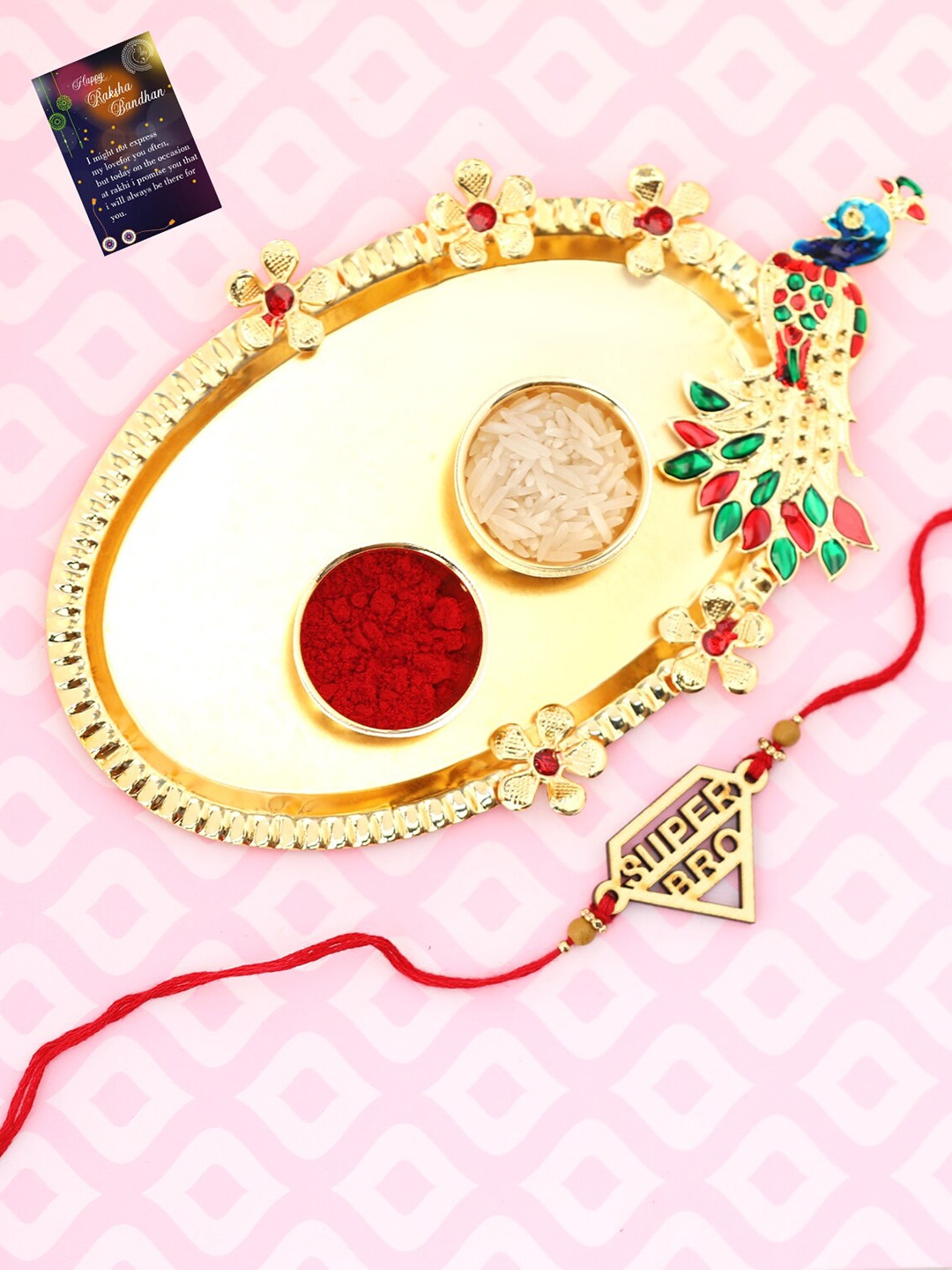 

Silver Shine Red & Gold-Toned 1 Rakhi With Pooja Thali Roli Chawal & Greeting card