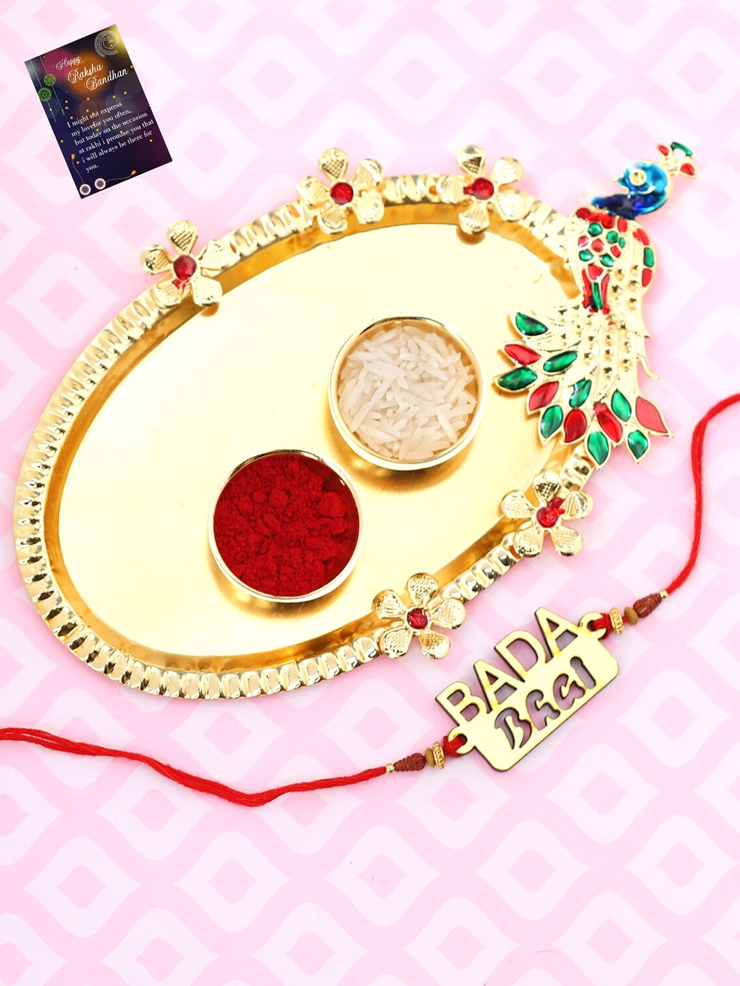 

Silver Shine Gold-Toned & Red 1 Rakhi With Pooja Thali Roli Chawal and Greeting Card, Multi