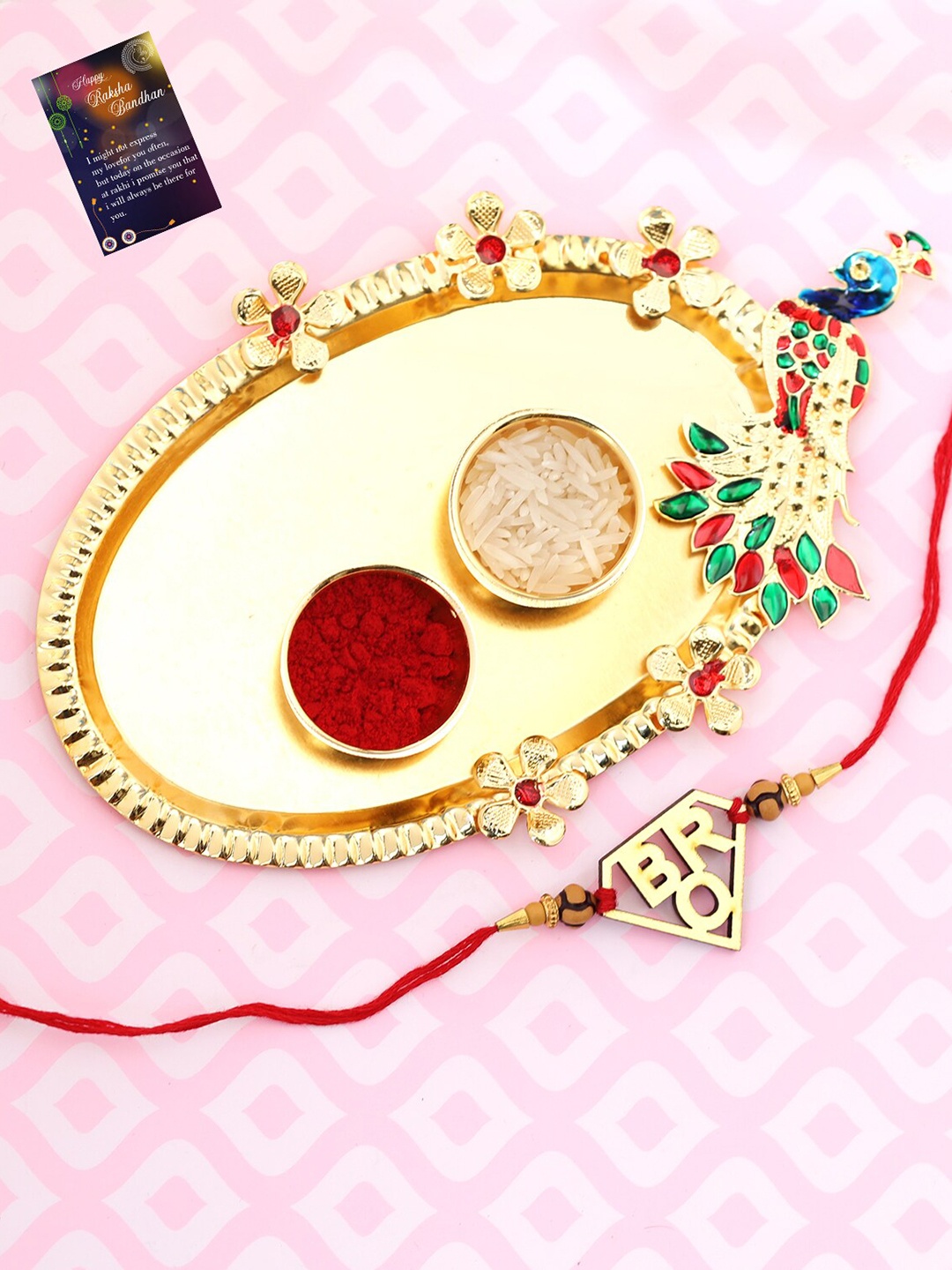 

Silver Shine 1 Rakhi With Pooja Thali Roli Chawal Greeting card, Multi