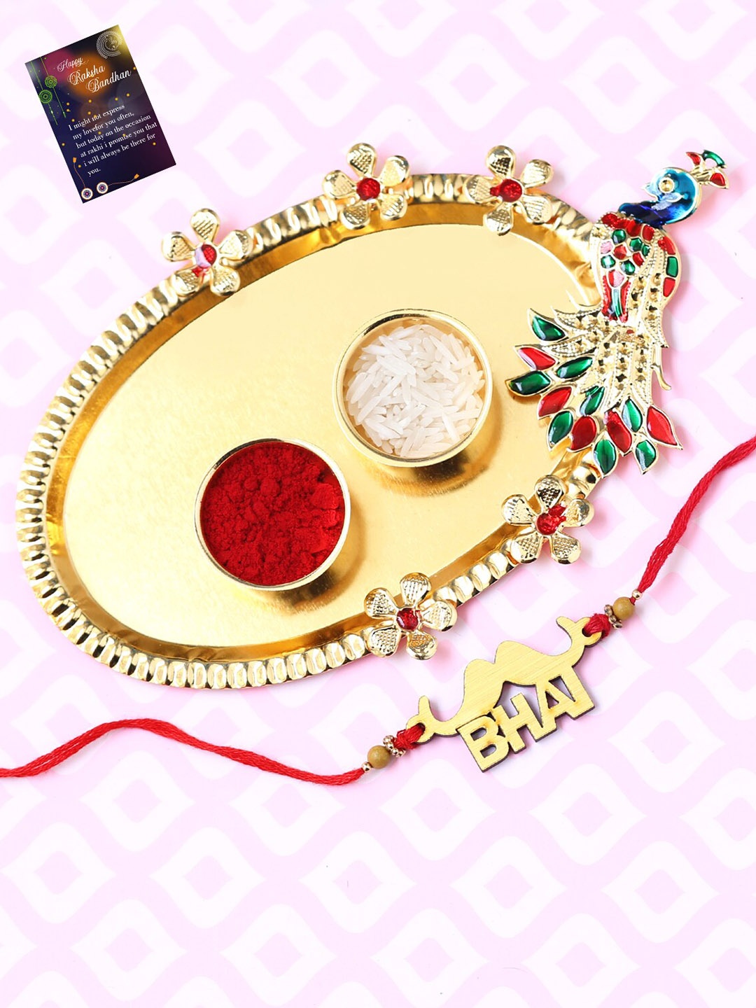 

Silver Shine 1 Rakhi with Pooja Thali Roli Chawal Greeting Card, Red