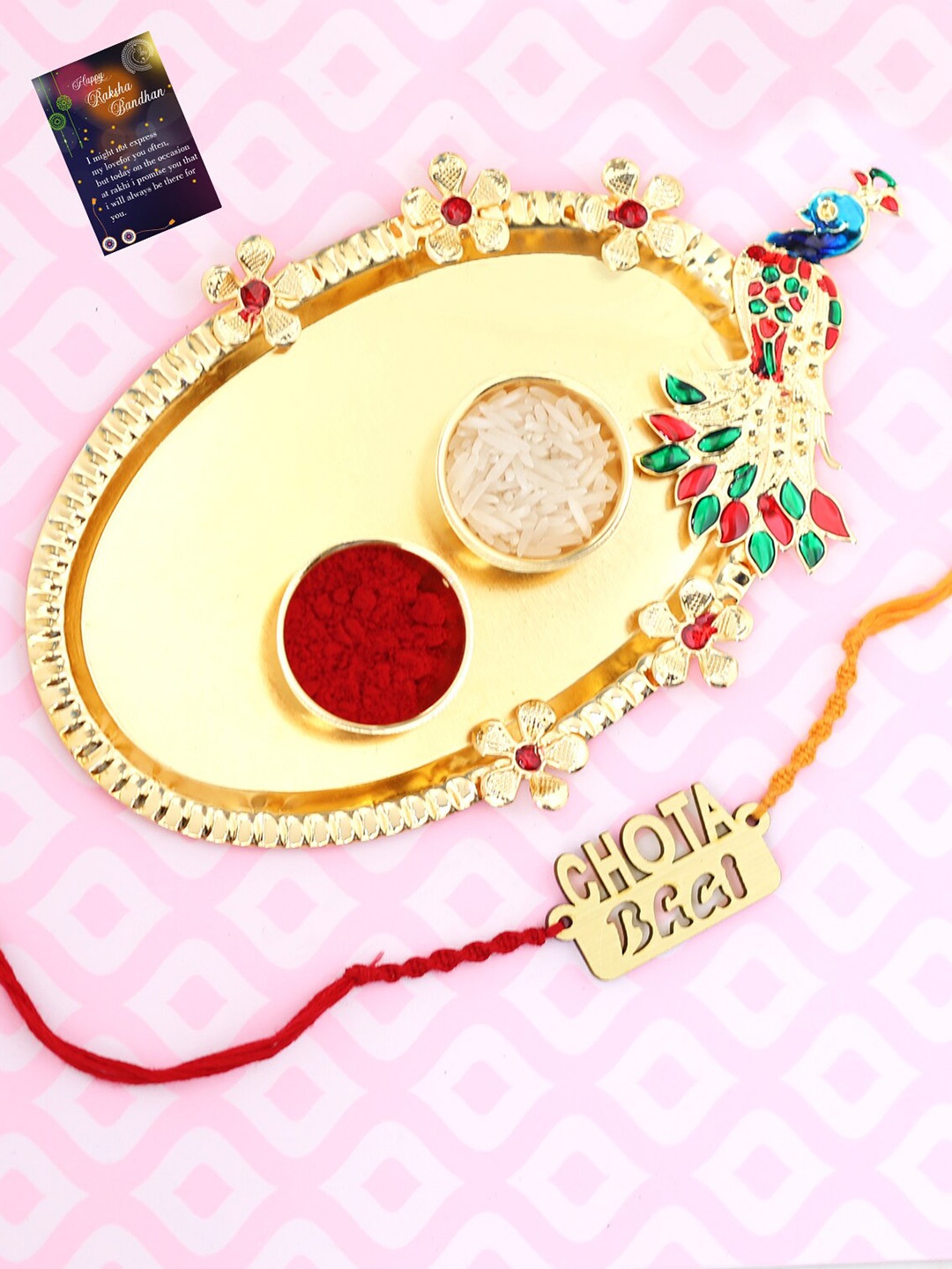 

Silver Shine Red & Gold-Toned 1 Rakhi With Pooja Thali Roli Chawal & Greeting card