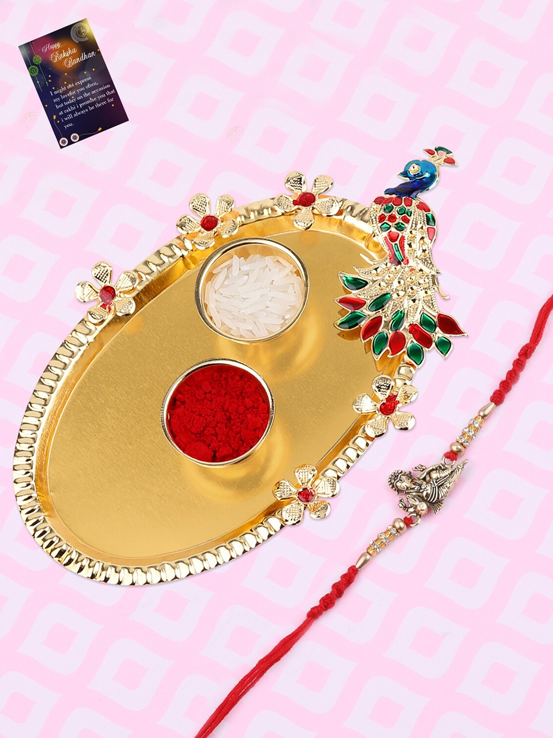 

Silver Shine Red & Gold-Toned 1 Rakhi With Pooja Thali Roli Chawal and Greeting Card