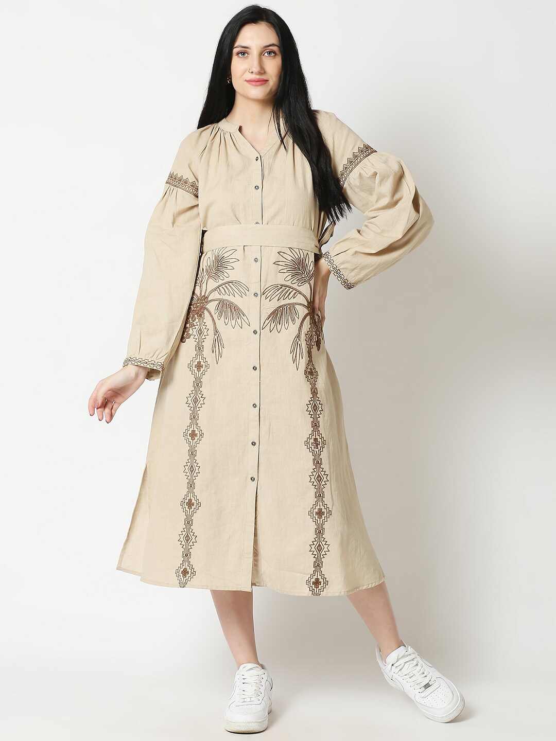 

Aanyor Women Beige Embroidered Shirt Midi Dress