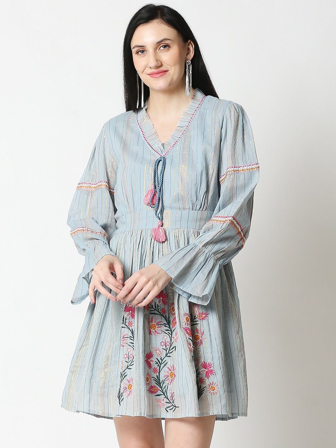 

Aanyor Women Blue Embroidered Lurex Gold Stripes Floral Dress
