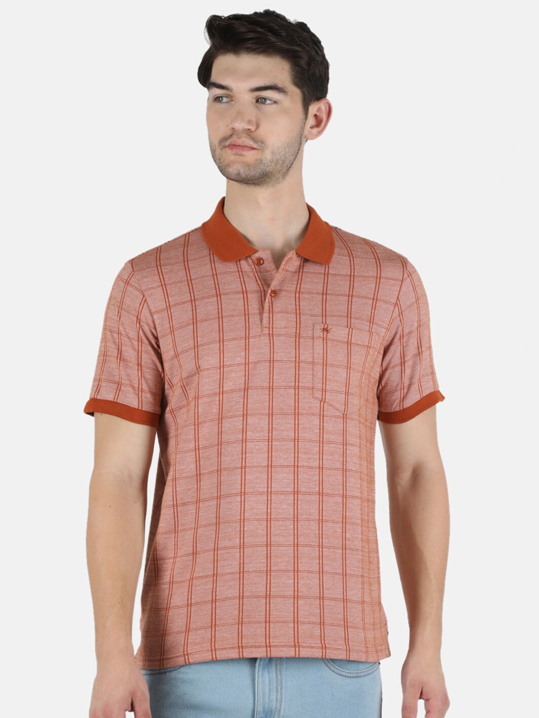 

Monte Carlo Men Rust Checked Polo Collar T-shirt
