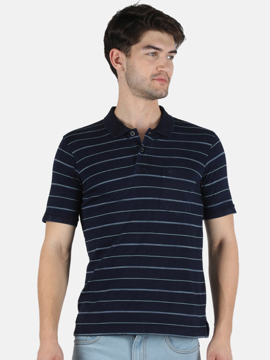 

Monte Carlo Men Blue Striped Polo Collar T-shirt
