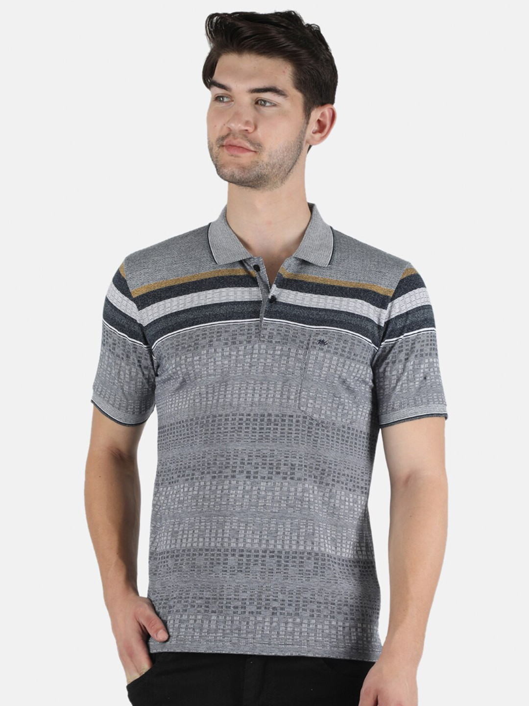 

Monte Carlo Men Black & Grey Striped Half Sleeve Polo Collar T-shirt, Navy blue