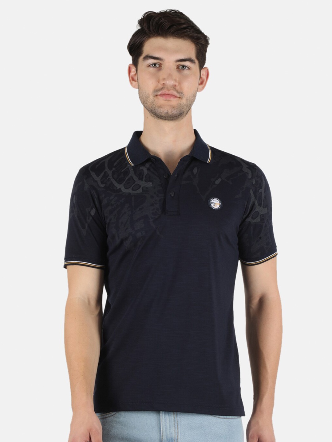 

Monte Carlo Men Blue Polo Collar Extended Sleeves Applique T-shirt