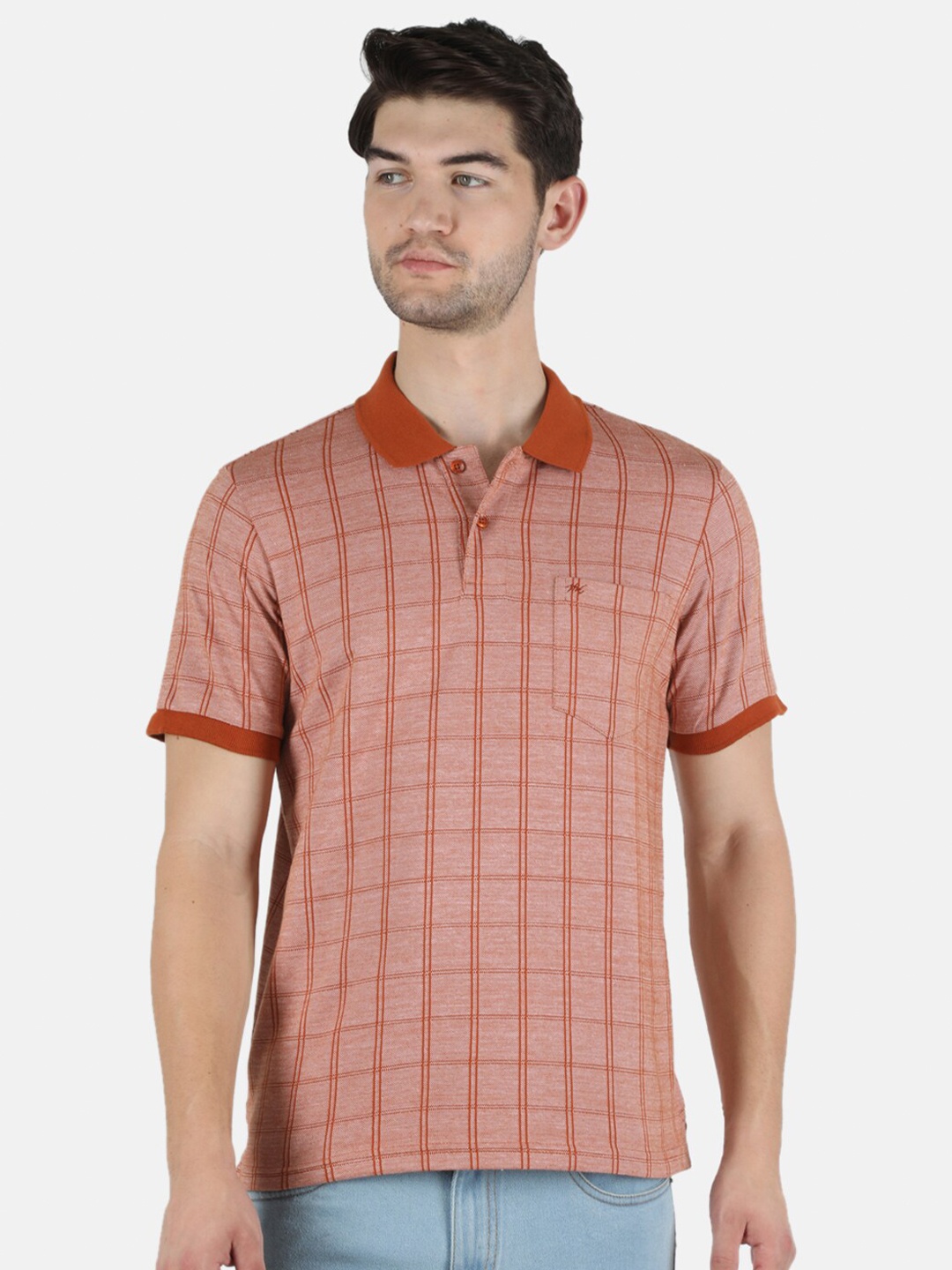 

Monte Carlo Men Rust Checked Polo Collar T-shirt