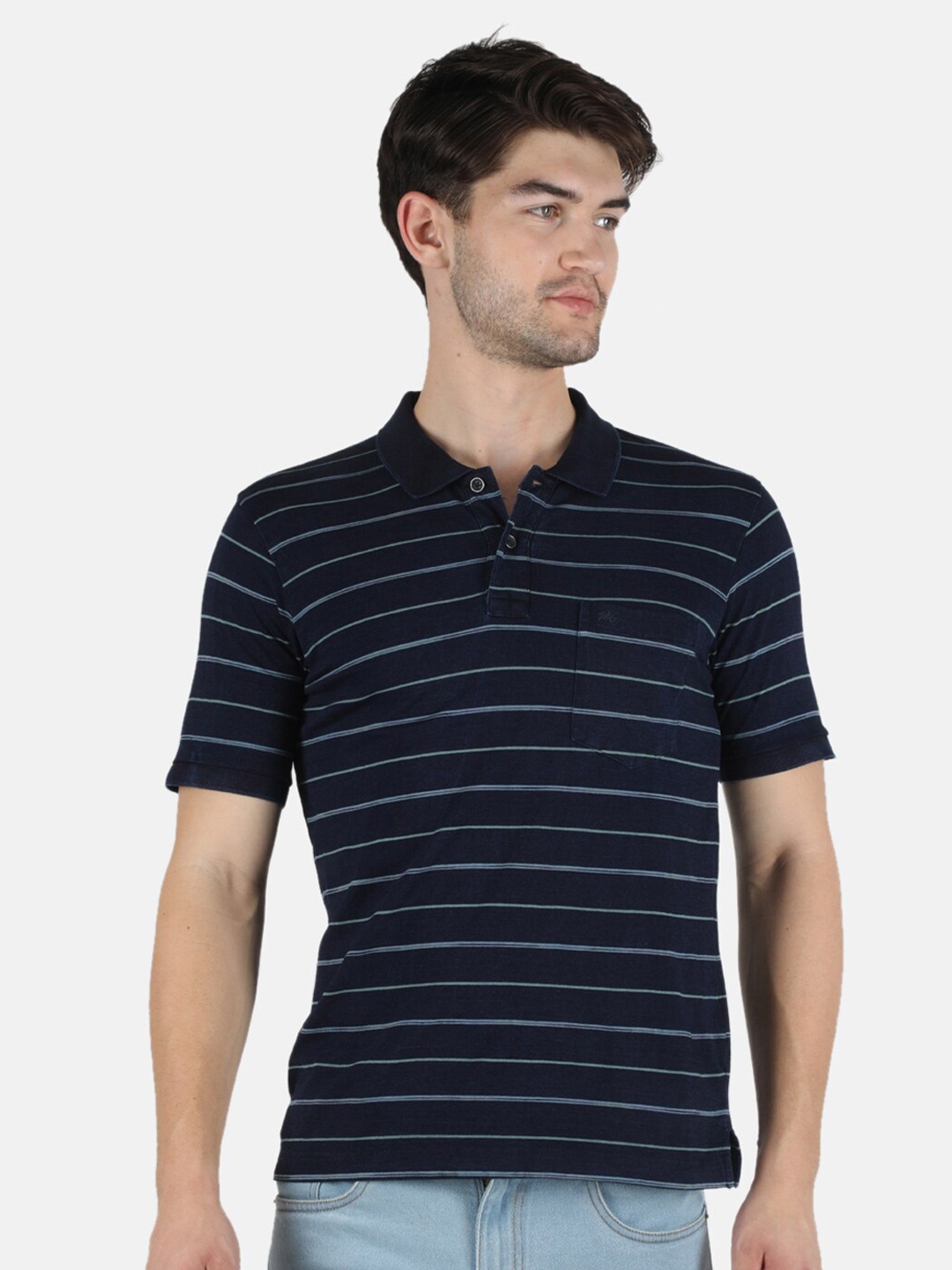 

Monte Carlo Men Blue Striped Polo Collar T-shirt