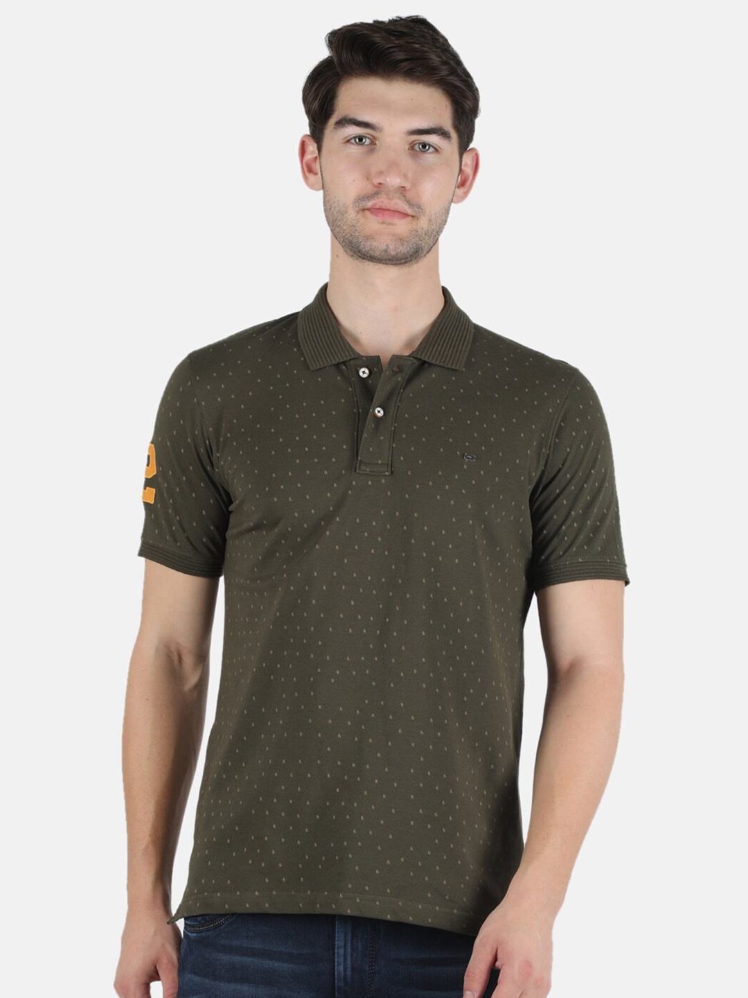 

Monte Carlo Men Olive Green Printed Polo Collar Pure Cotton Applique Slim Fit T-shirt