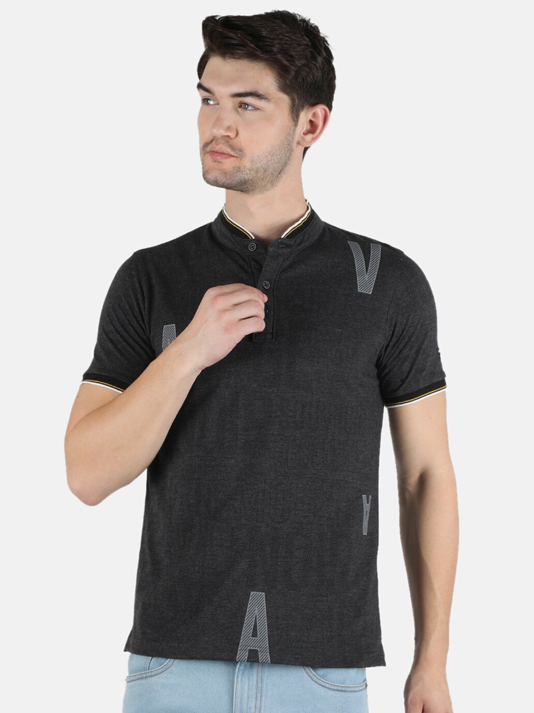 

Monte Carlo Men Black Typography Printed Henley Neck T-shirt