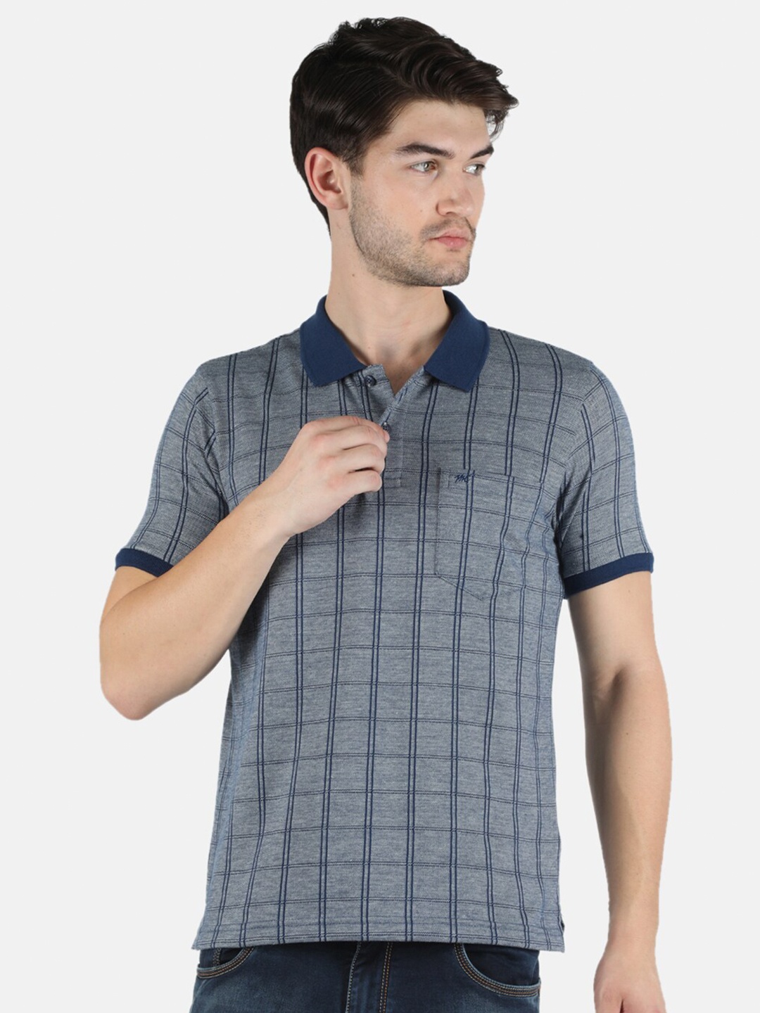 

Monte Carlo Men Blue & Grey Checked Polo Collar T-shirt
