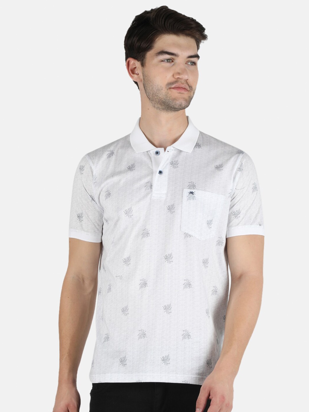 

Monte Carlo Men White & Grey Printed Polo Collar Pure Cotton T-shirt