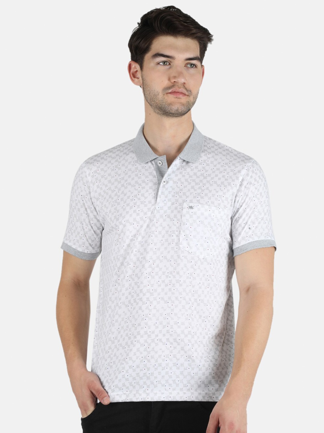 

Monte Carlo Men White Printed Polo Collar Cotton Blend T-shirt