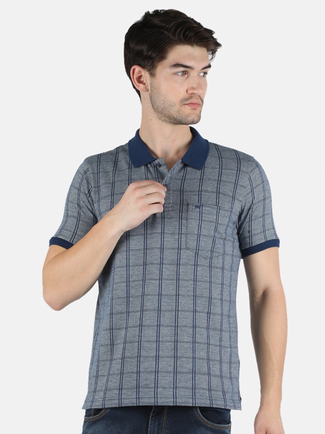 

Monte Carlo Men Navy Blue & Grey Checked Polo Collar T-shirt